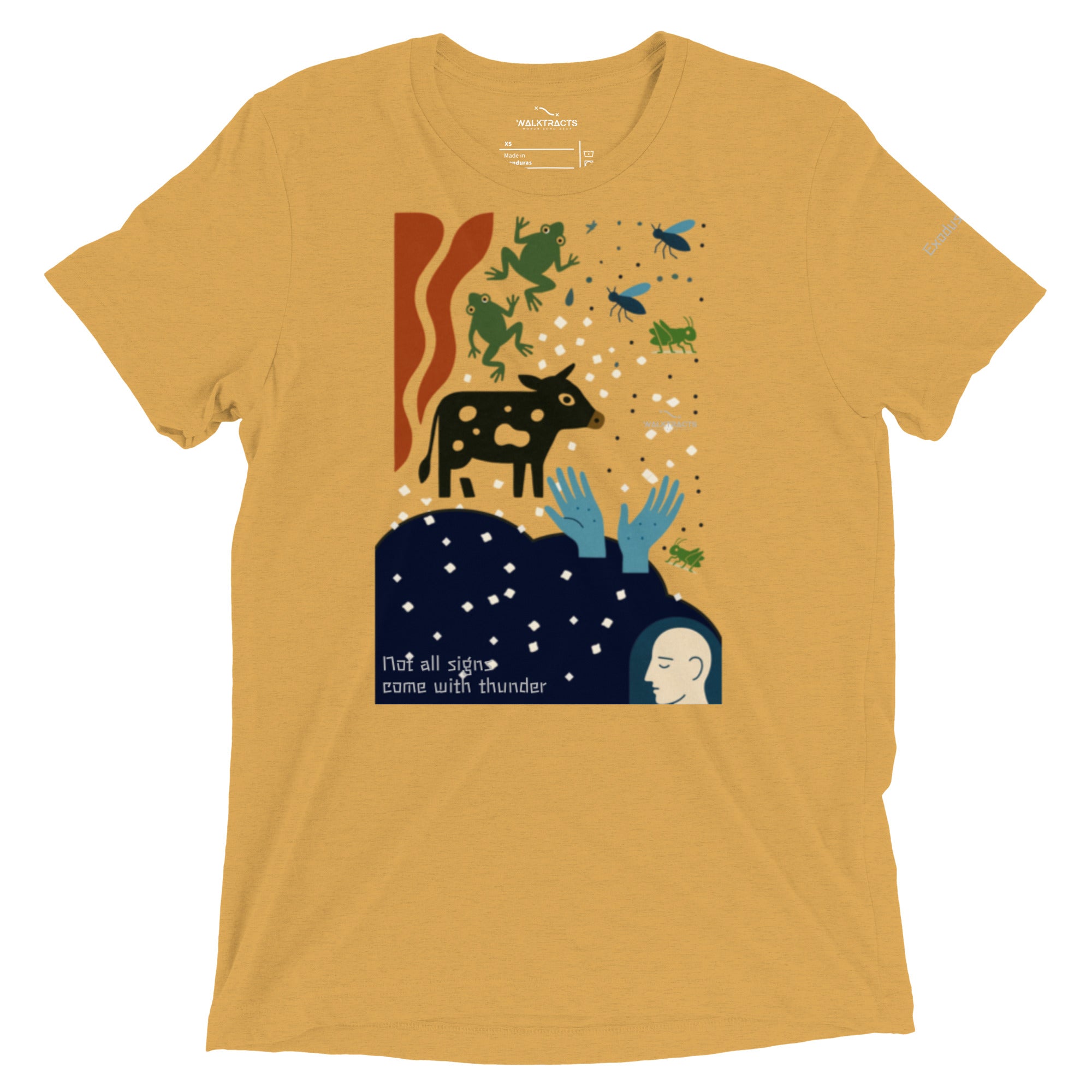 Yellow Christian graphic t-shirt with Exodus 7-12 plagues design. Bible verse reference printed on left sleeve.