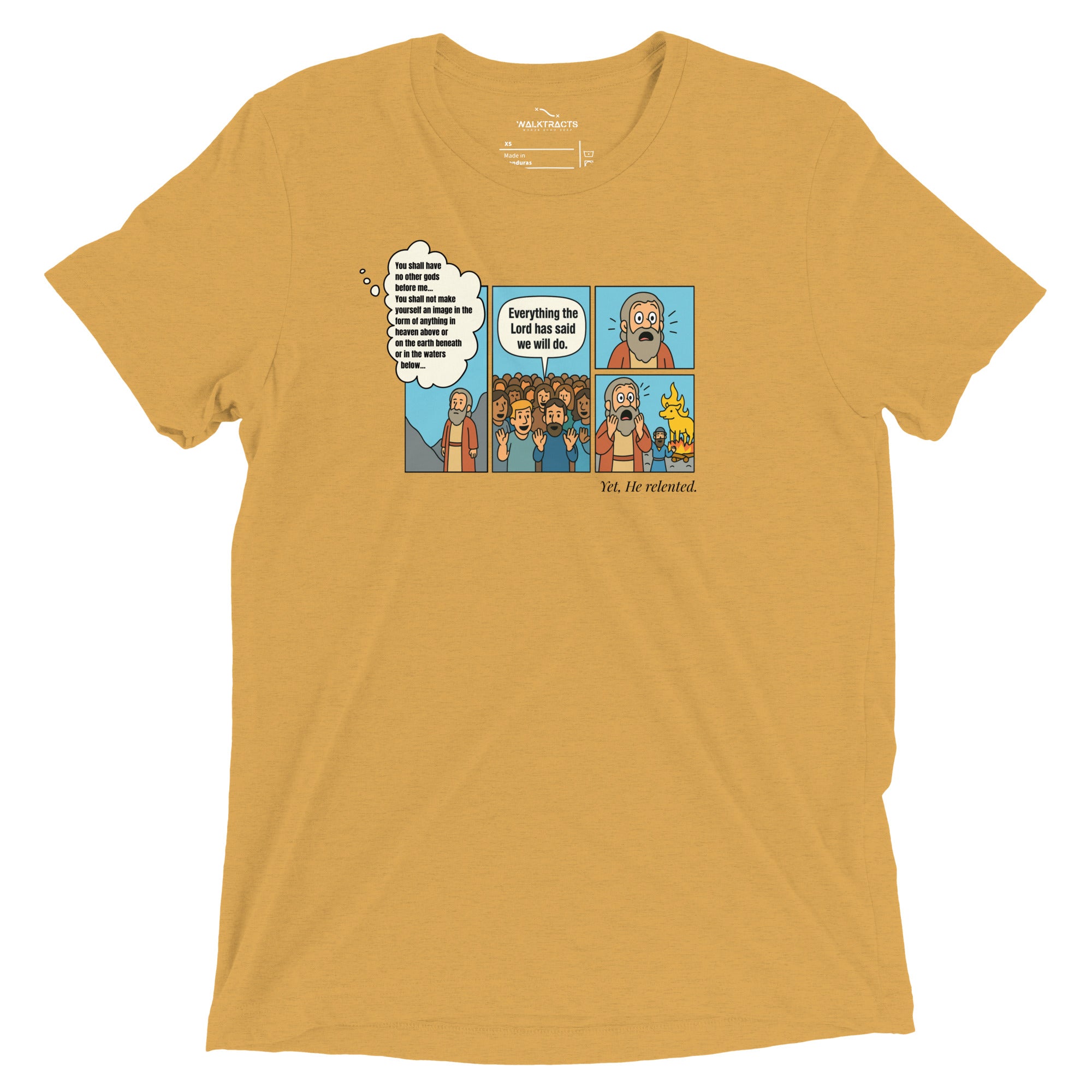 Yellow Christian t-shirt with Exodus 32 golden calf comic-style graphic on front and Exodus 32:9–14 printed on the back