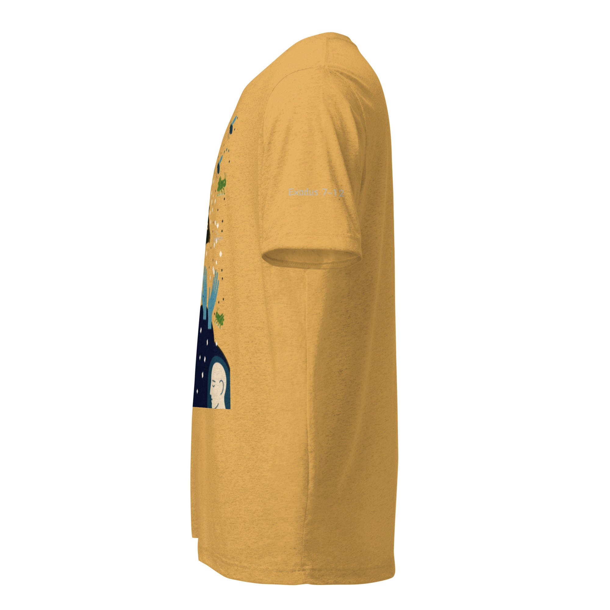 Yellow Christian graphic t-shirt with Exodus 7-12 plagues design. Bible verse reference printed on left sleeve.