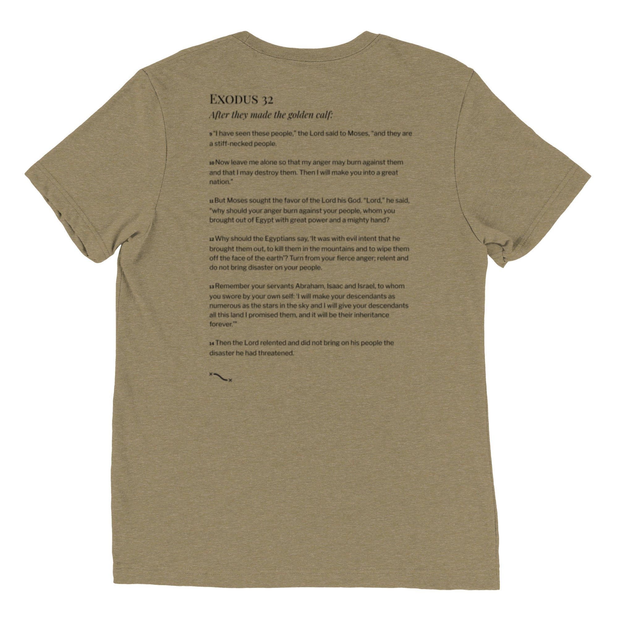 Green Christian t-shirt with Exodus 32 golden calf comic-style graphic on front and Exodus 32:9–14 printed on the back