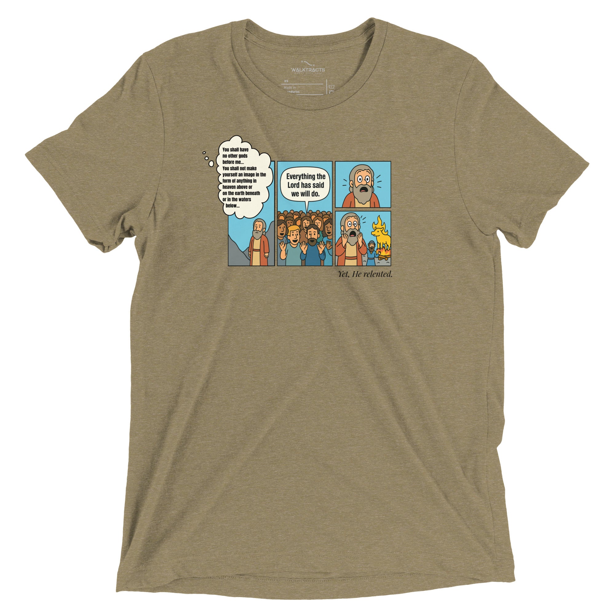 Green Christian t-shirt with Exodus 32 golden calf comic-style graphic on front and Exodus 32:9–14 printed on the back