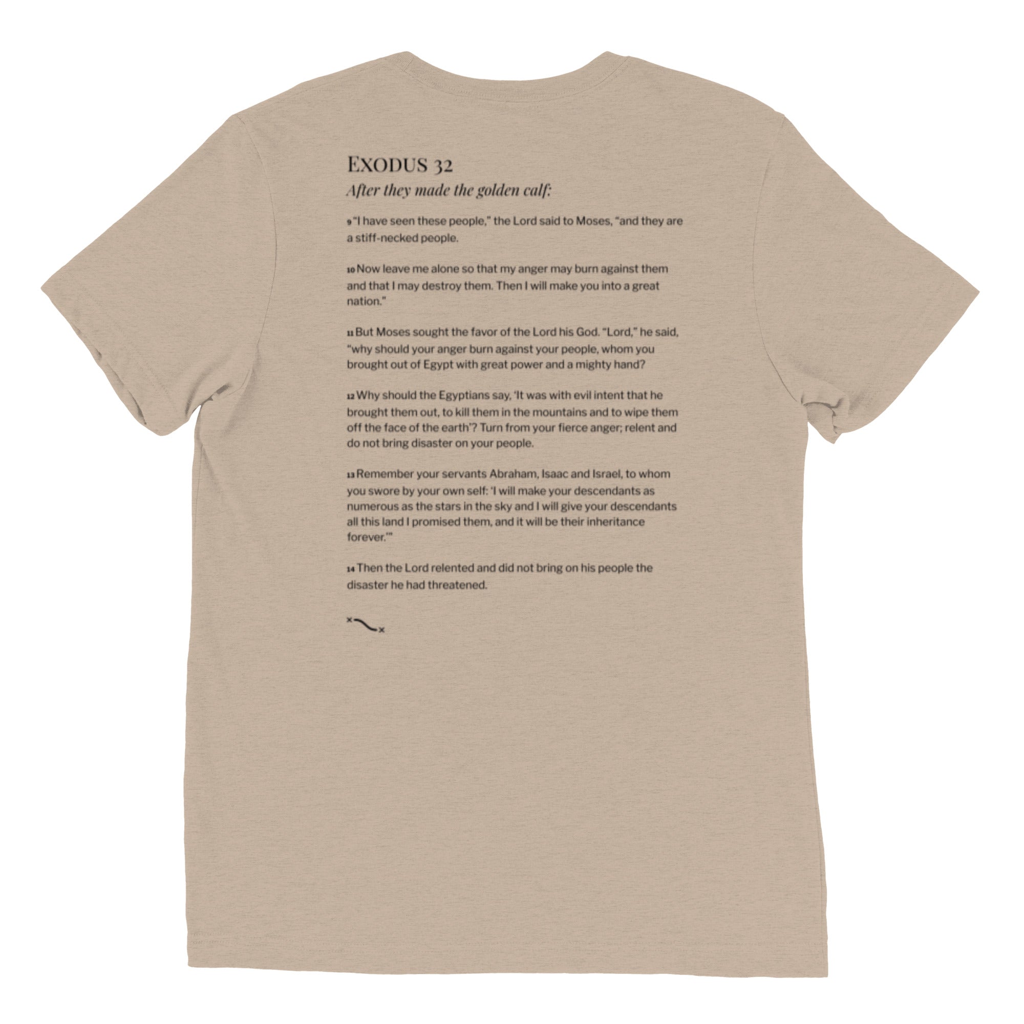 Light brown Christian t-shirt with Exodus 32 golden calf comic-style graphic on front and Exodus 32:9–14 printed on the back