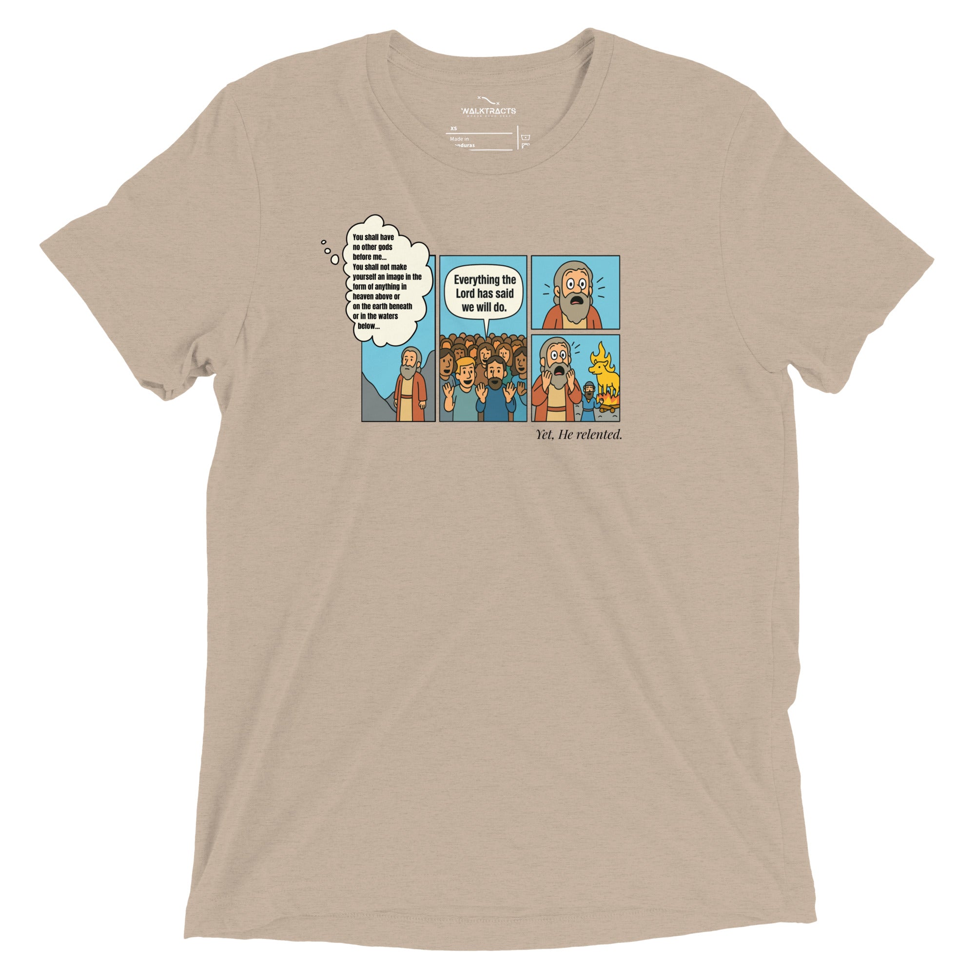 Light brown Christian t-shirt with Exodus 32 golden calf comic-style graphic on front and Exodus 32:9–14 printed on the back
