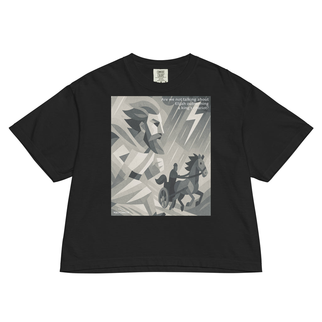 Black women’s boxy Christian graphic t-shirt featuring Elijah and chariot design