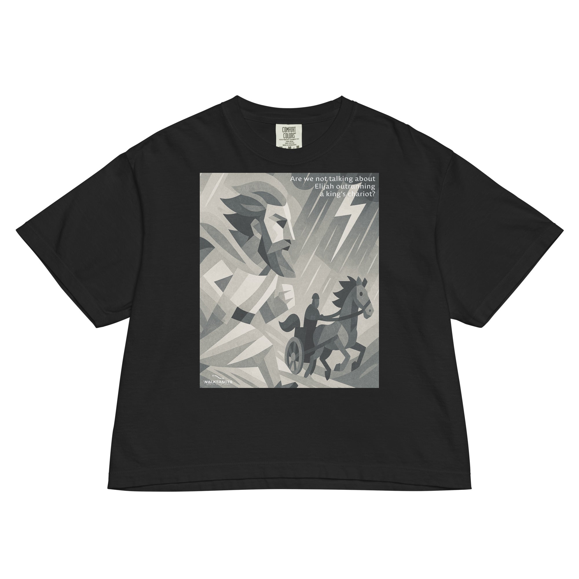 Black women’s boxy Christian graphic t-shirt featuring Elijah and chariot design