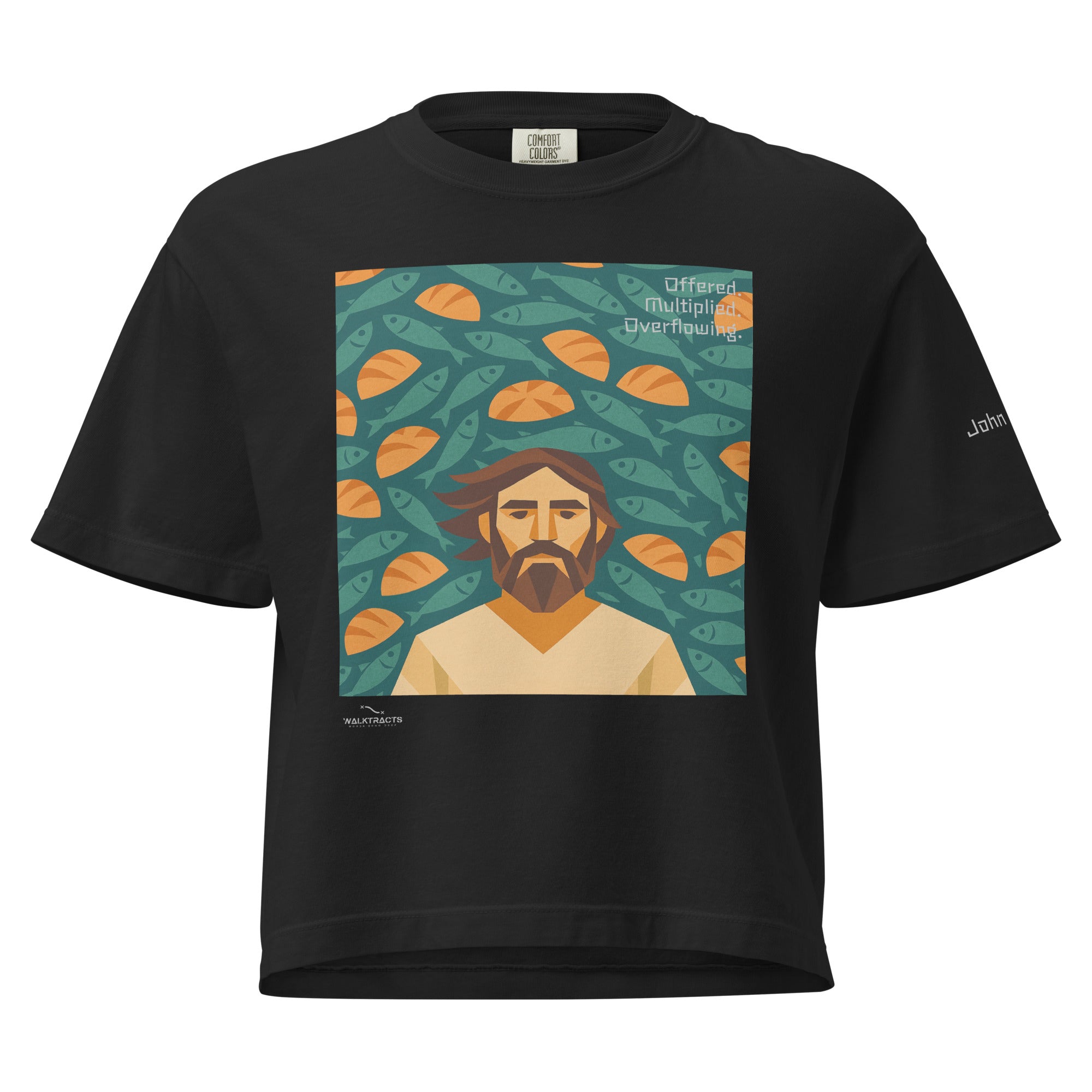 Women's black boxy Christian graphic t-shirt inspired by the 5 loaves and 2 fish story (John 6:9–11), with Bible verse printed on left sleeve
