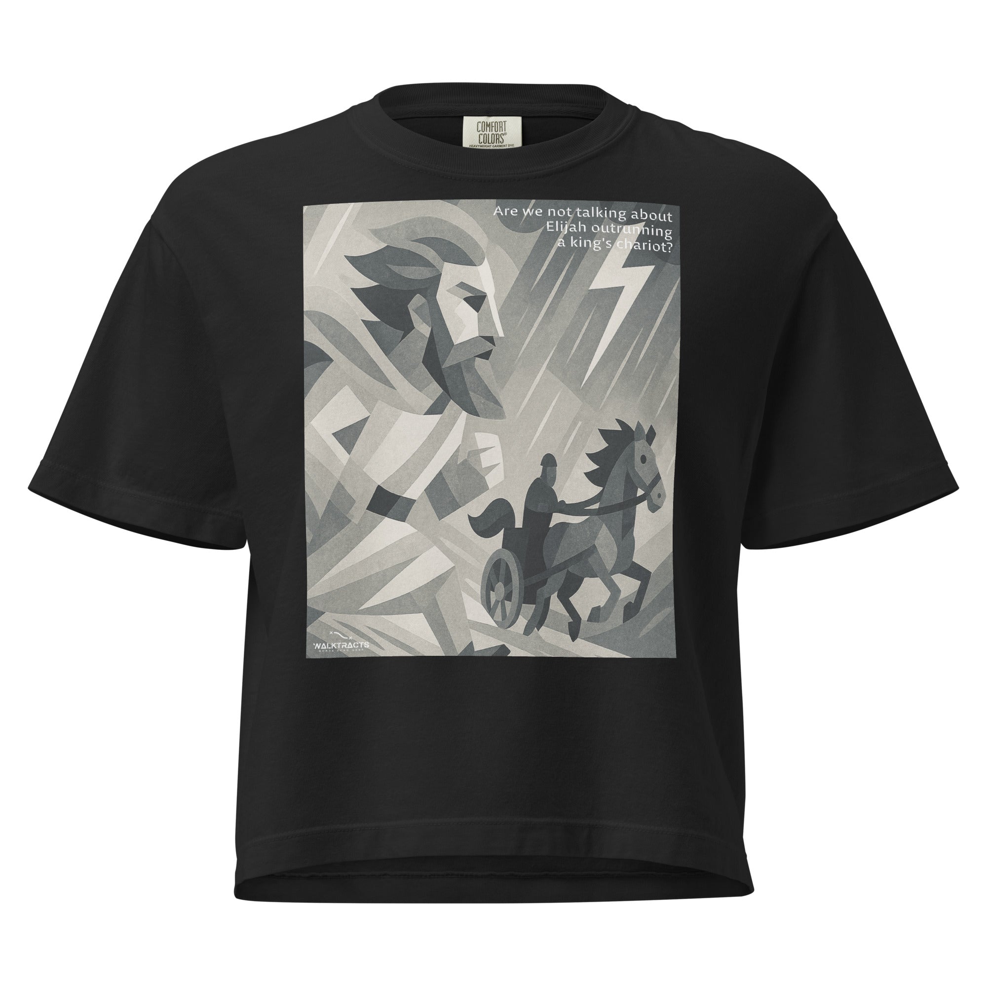 Black women’s boxy Christian graphic t-shirt featuring Elijah and chariot design