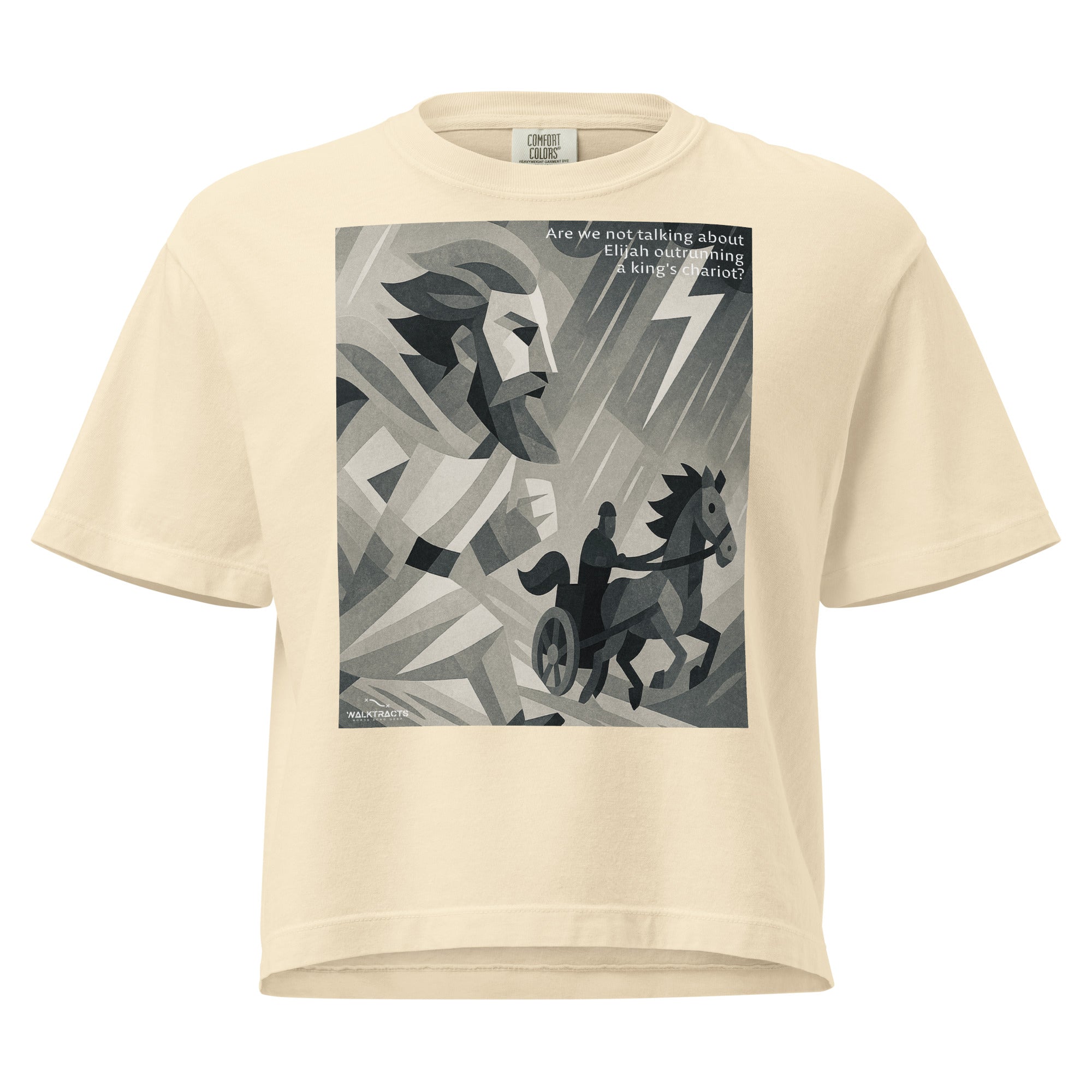 White women’s boxy Christian graphic t-shirt featuring Elijah and chariot design