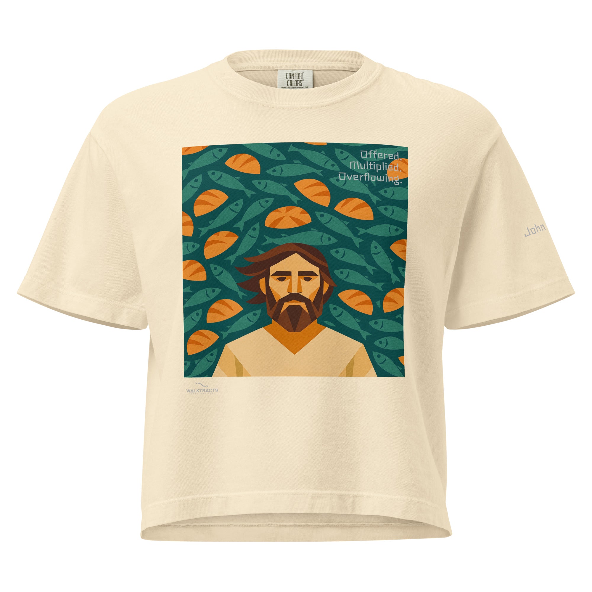 Women's white boxy Christian graphic t-shirt inspired by the 5 loaves and 2 fish story (John 6:9–11), with Bible verse printed on left sleeve