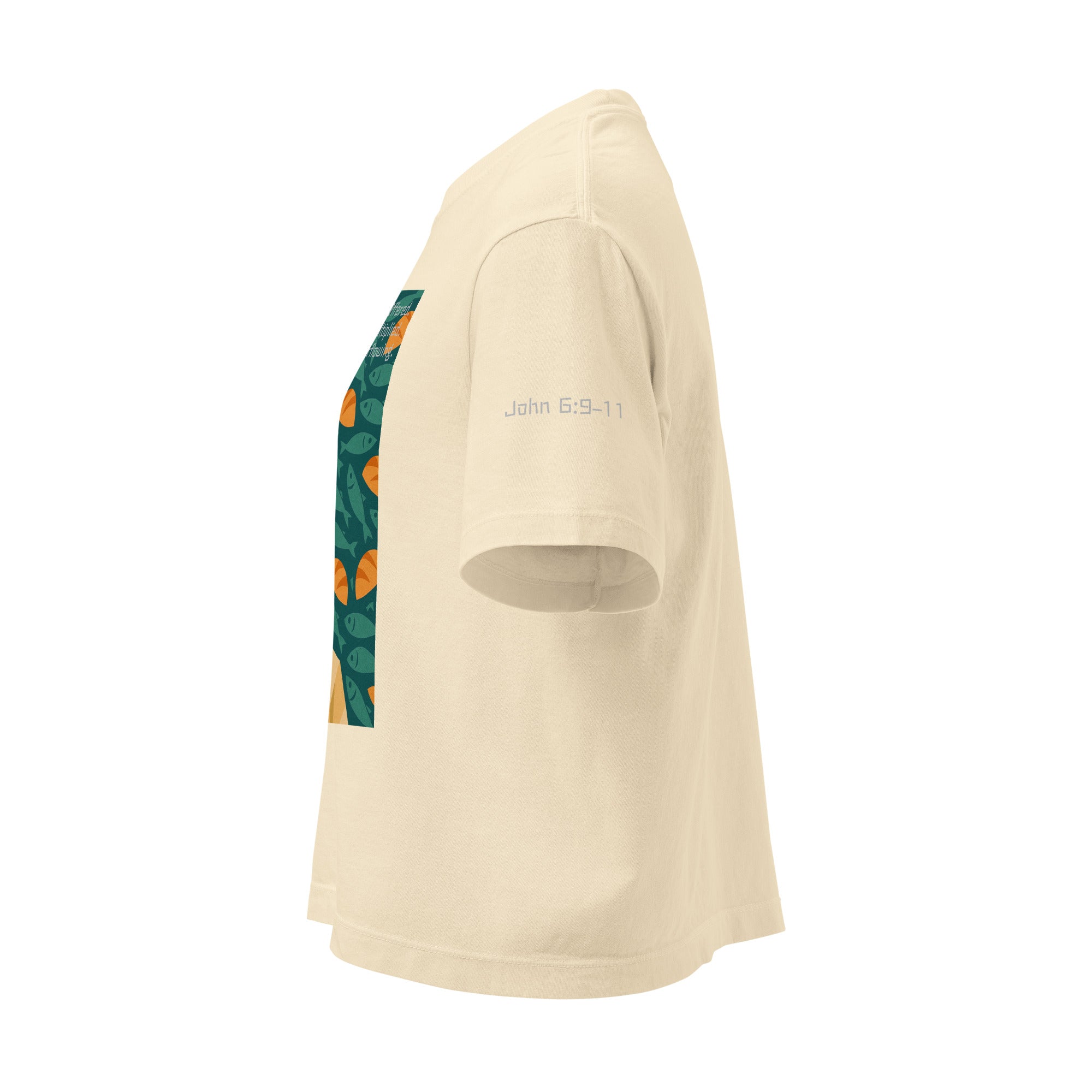 Women's white boxy Christian graphic t-shirt inspired by the 5 loaves and 2 fish story (John 6:9–11), with Bible verse printed on left sleeve