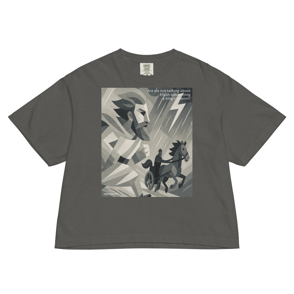 Gray women’s boxy Christian graphic t-shirt featuring Elijah and chariot design