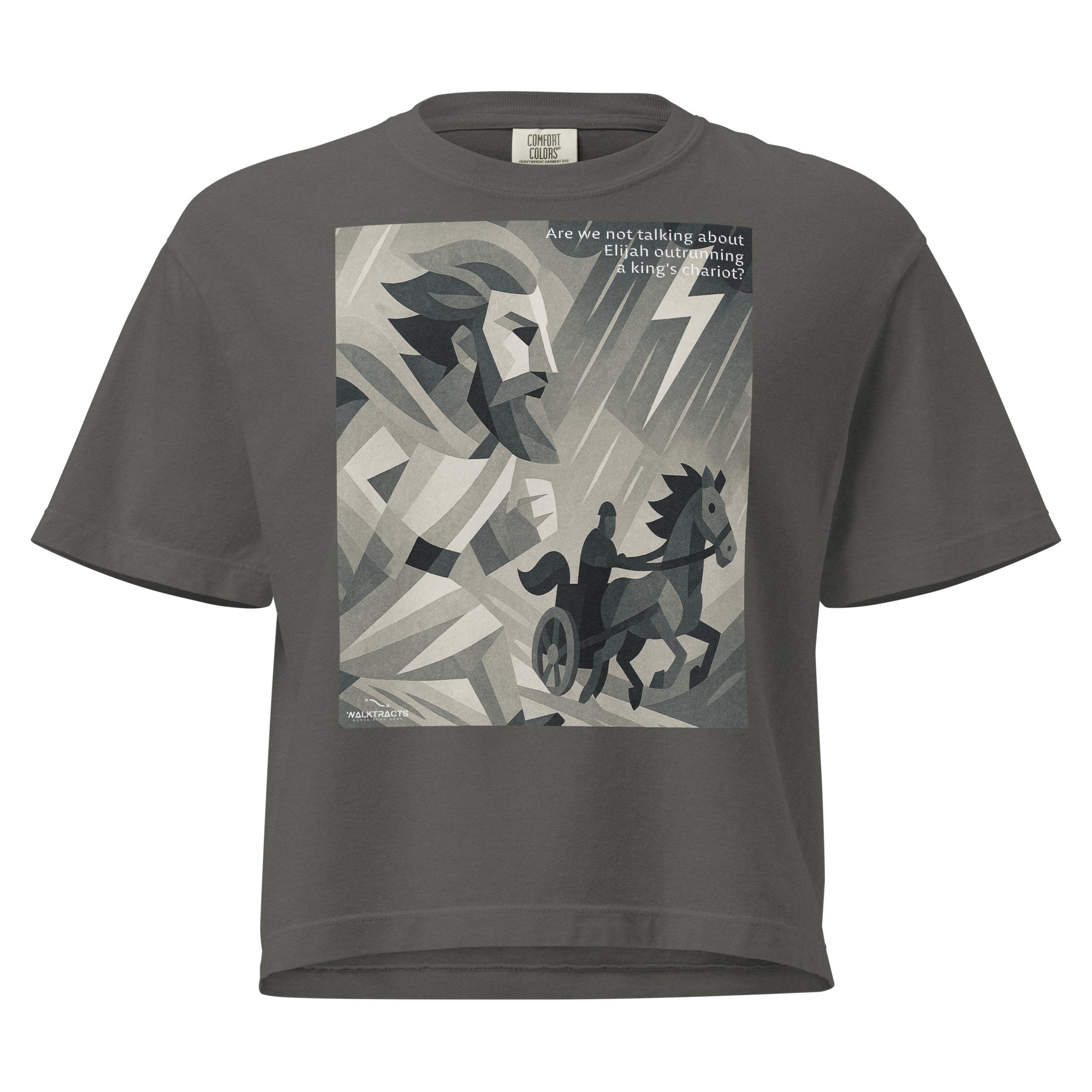 Gray women’s boxy Christian graphic t-shirt featuring Elijah and chariot design