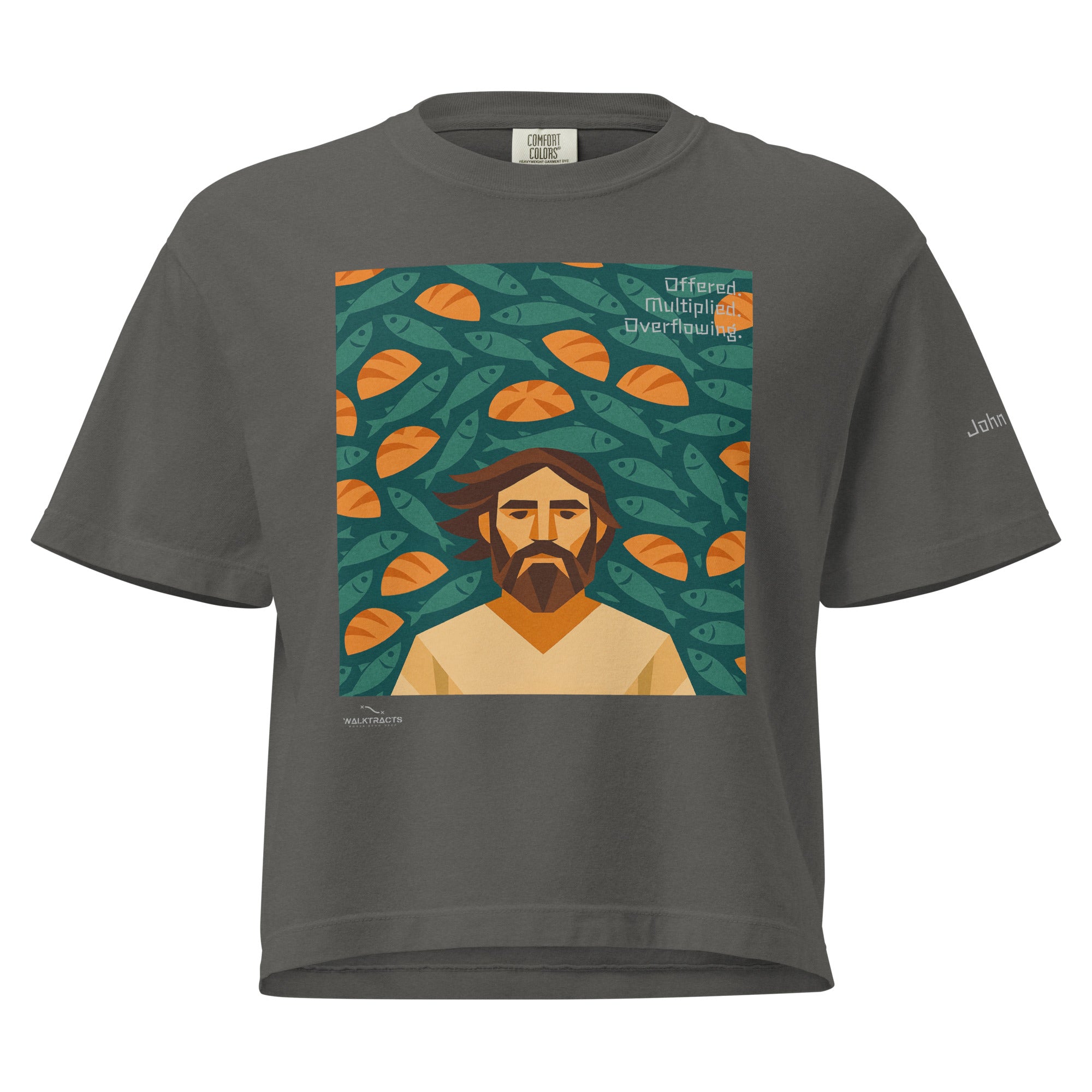 Women's gray boxy Christian graphic t-shirt inspired by the 5 loaves and 2 fish story (John 6:9–11), with Bible verse printed on left sleeve